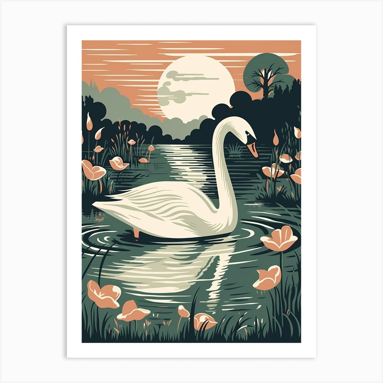Vintage Bird Linocut Swan 3 Art Print by Feathered Muse - Fy