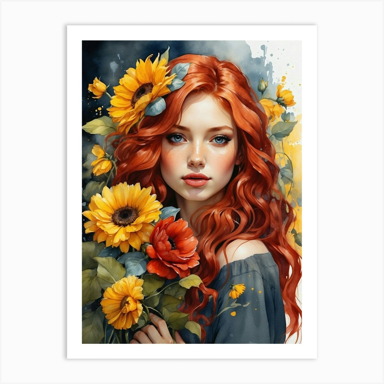 Red Haired Girl With Sunflowers Art Print By Balram Giri Fy 2766