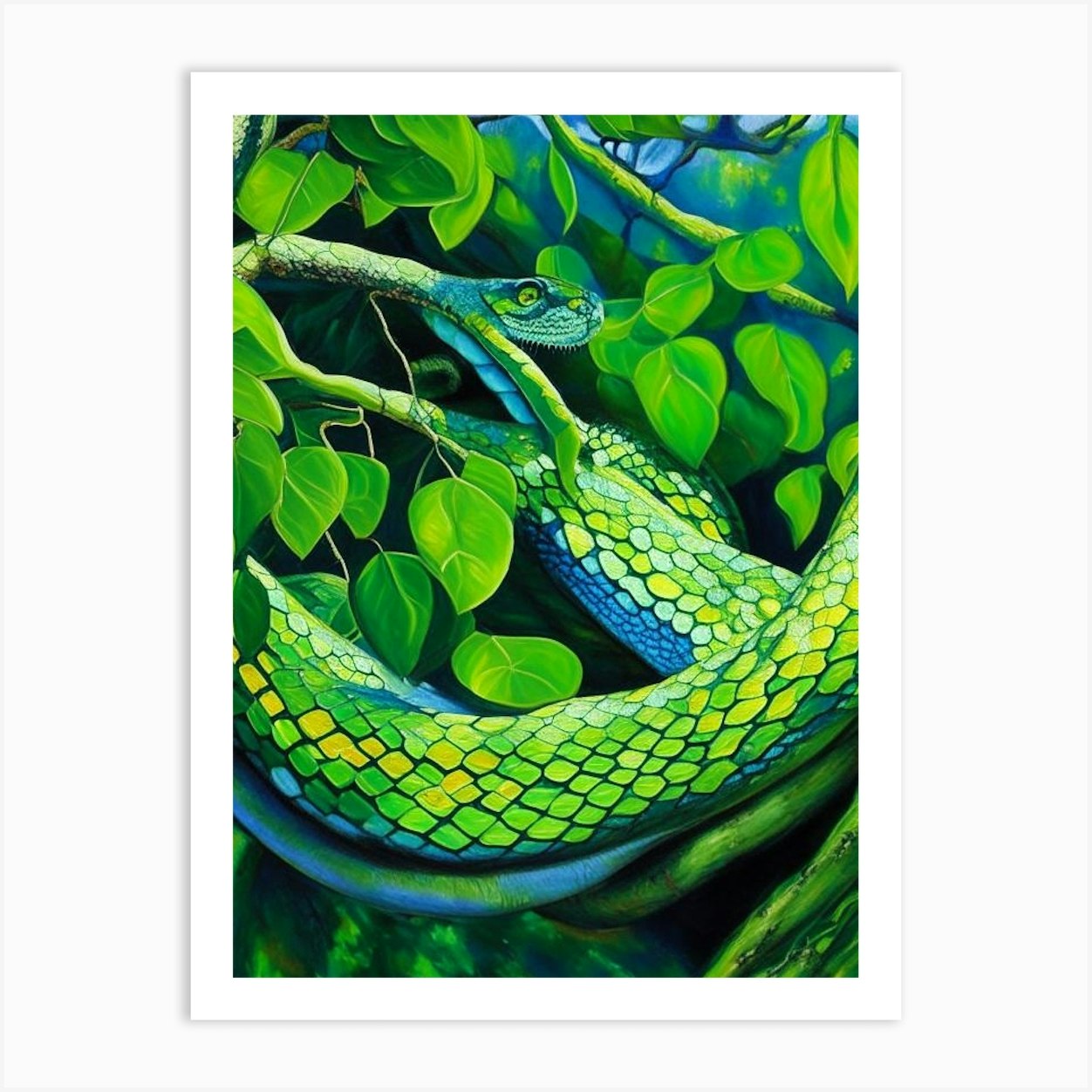 Green Tree Python Snake Painting Art Print by The Snake Pit - Fy