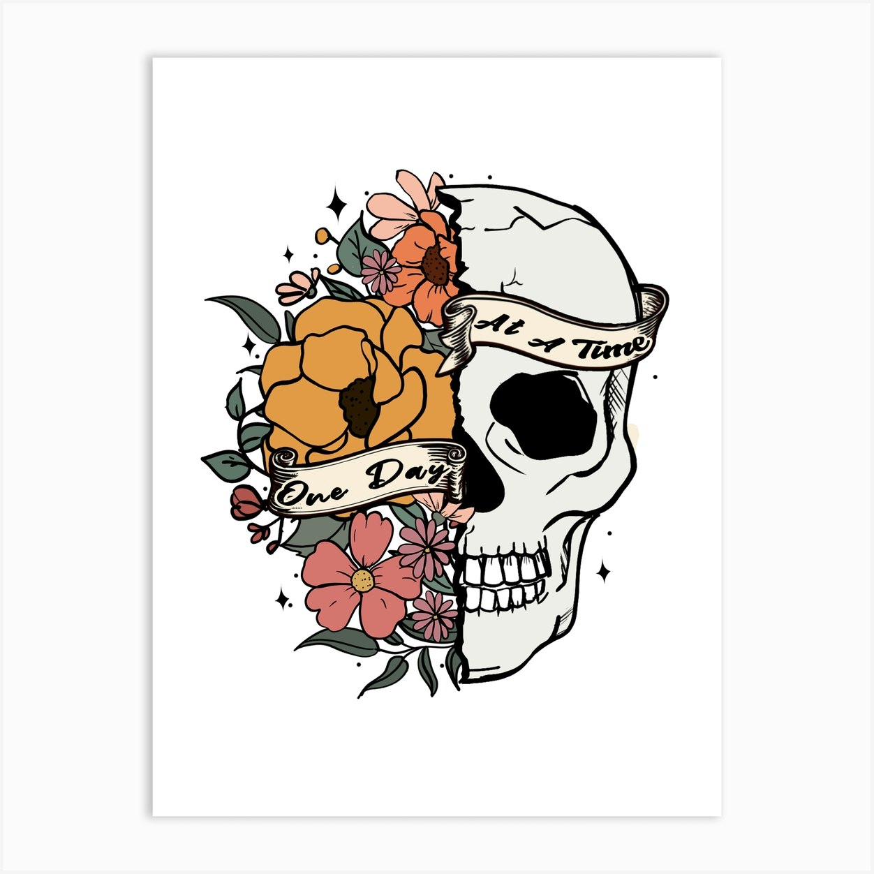 Skull And Flowers Mental Health Self Care Motivational Quote Art Print ...