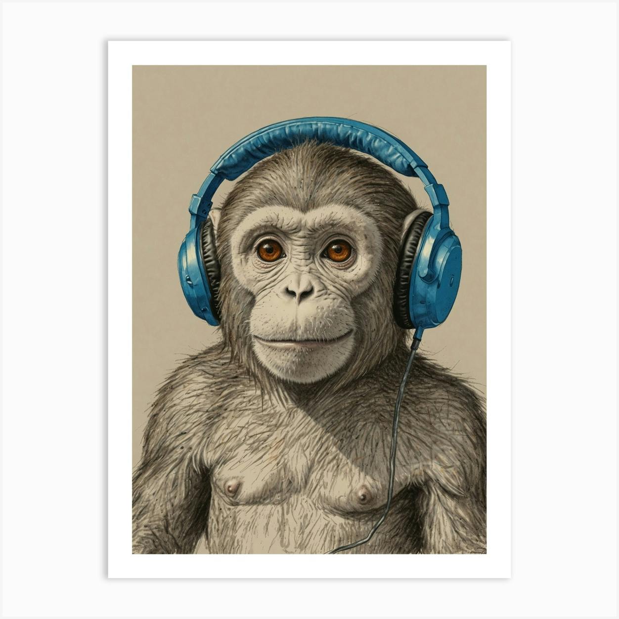 Monkey Listening To Music Art Print by Artisan Print Studio - Fy