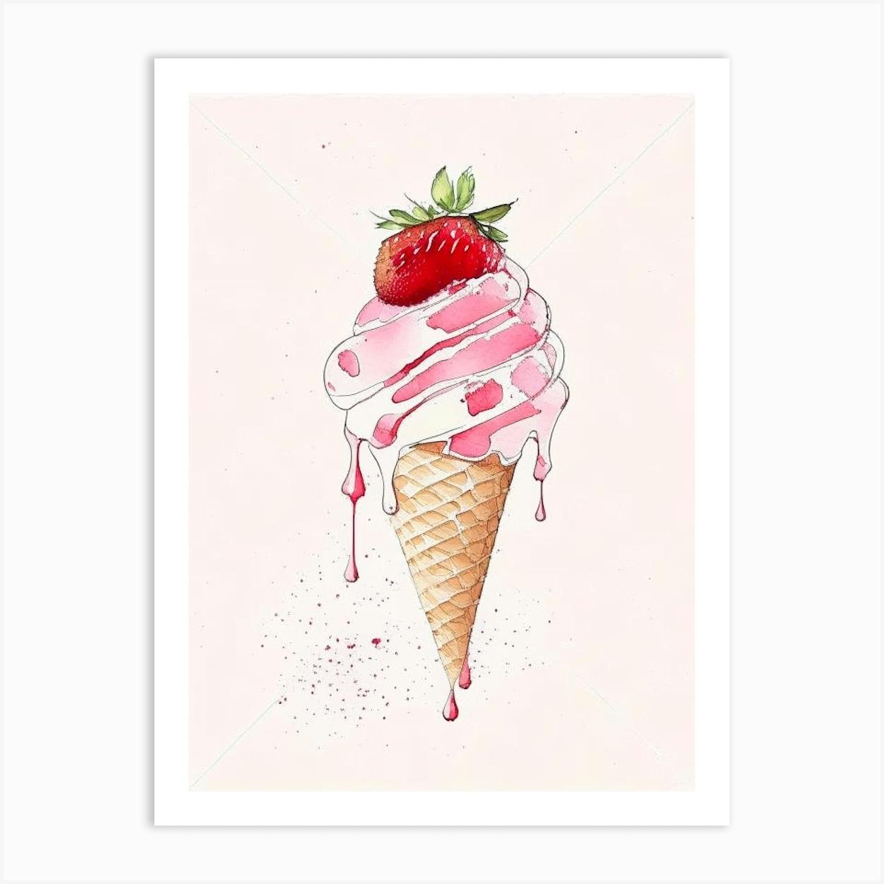 Ice cream watercolor painting Pink ice cream original art Juicy yummy Dessert painting Pink popular wall art decor Minimalist Food still life blue