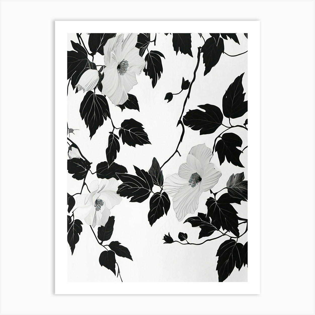 Great Japan Hokusai Black And White Flowers 22 Art Print by Botanic ...