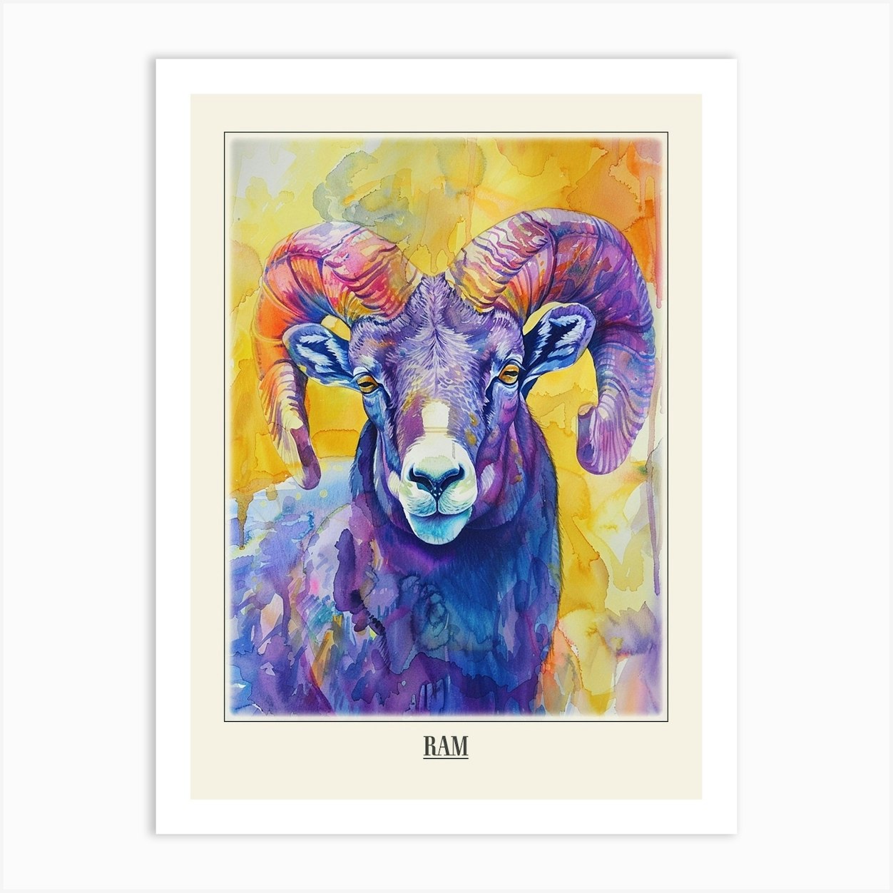 Ram Colourful Watercolour 2 Poster Art Print by Critter Crafts - Fy