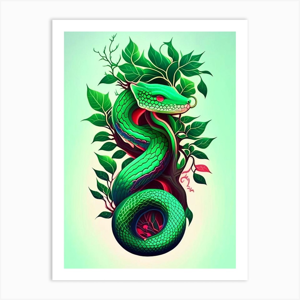 Emerald Tree Boa Tattoo Style Art Print by The Snake Pit - Fy