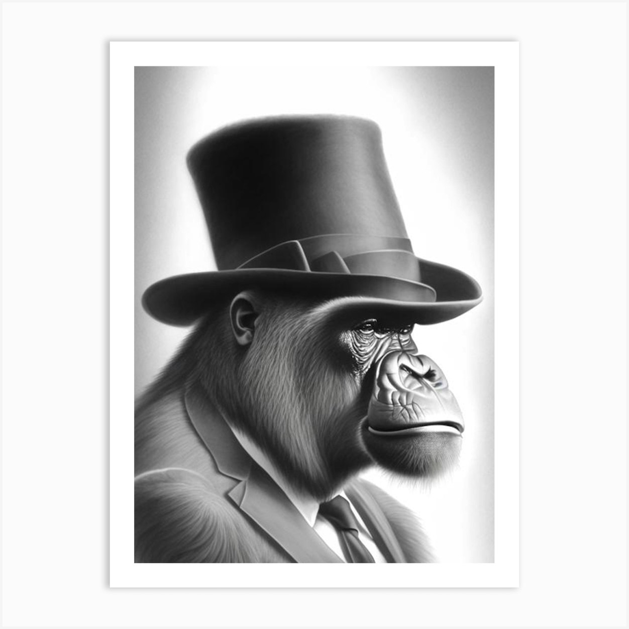 Gorilla In Top Hat Gorillas Greyscale Sketch 1 Art Print by Primate