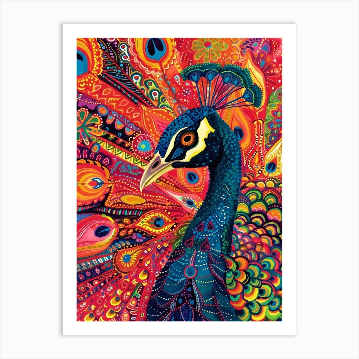 Peacock Maximalism Red Rainbow Portrait Art Print By Featherline - Fy