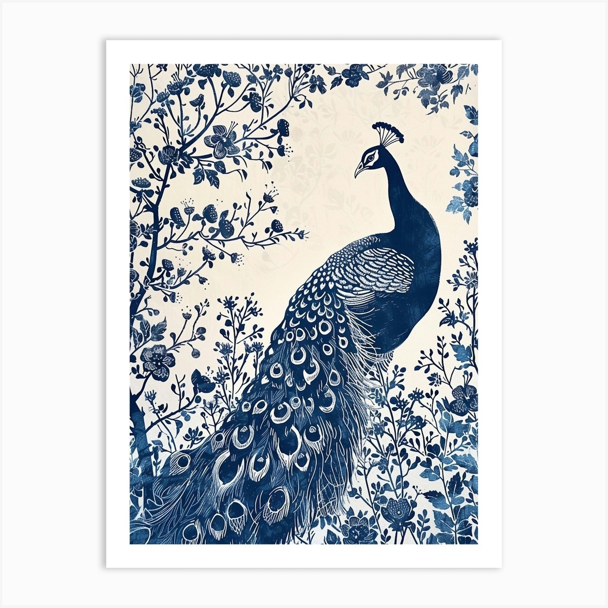 Navy & Cream Linocut Inspired Peacock In The Plants 3 Art Print by ...