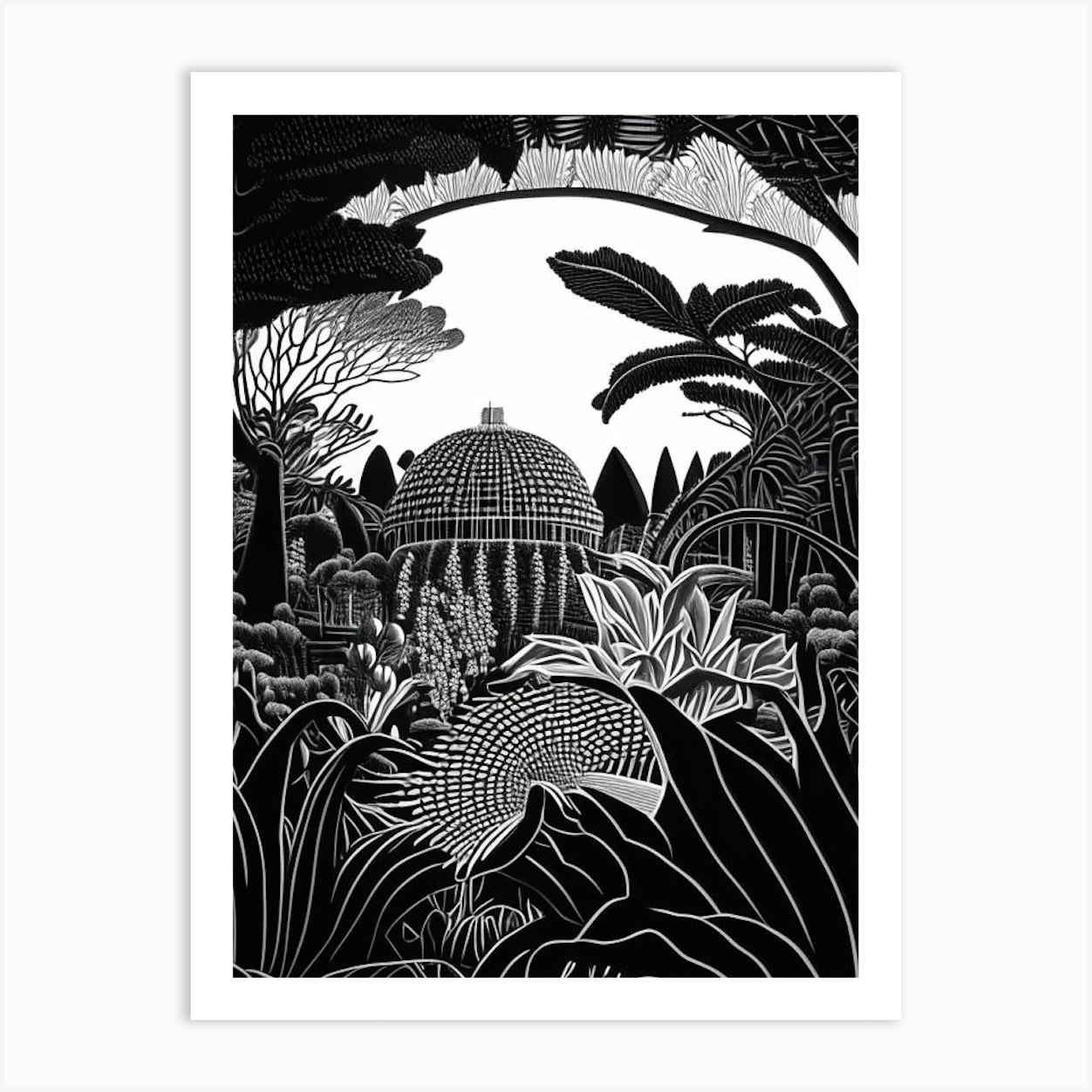 Gardens By The Bay, Singapore Linocut Black And White Vintage Art Print
