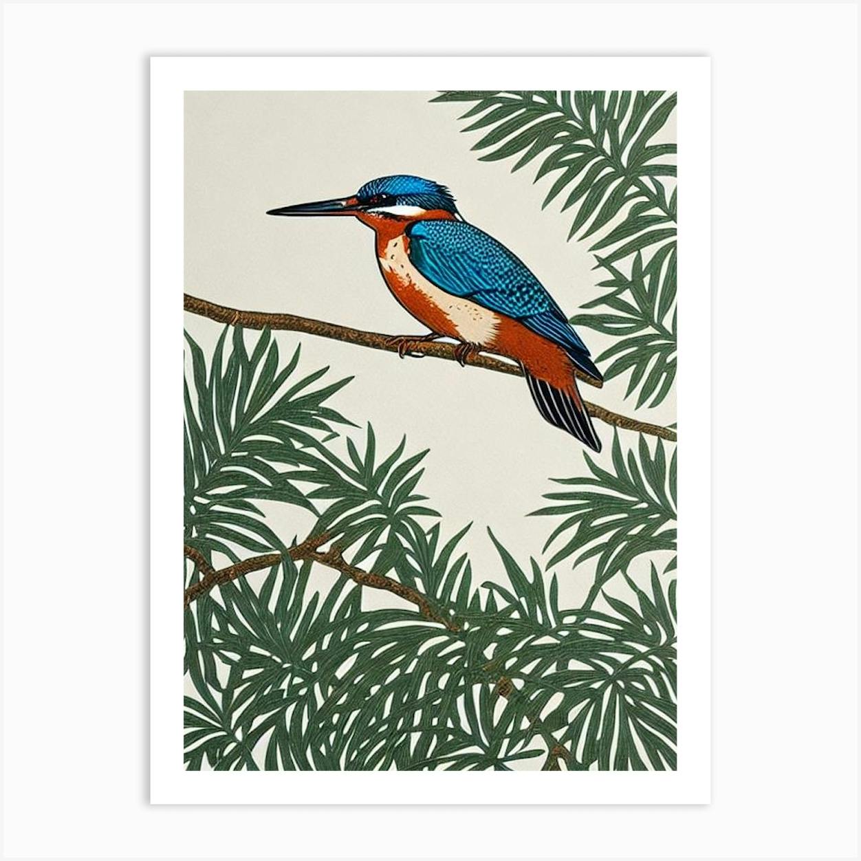 Falling Stars Kingfisher bird Lino Print Wall hotsell Art