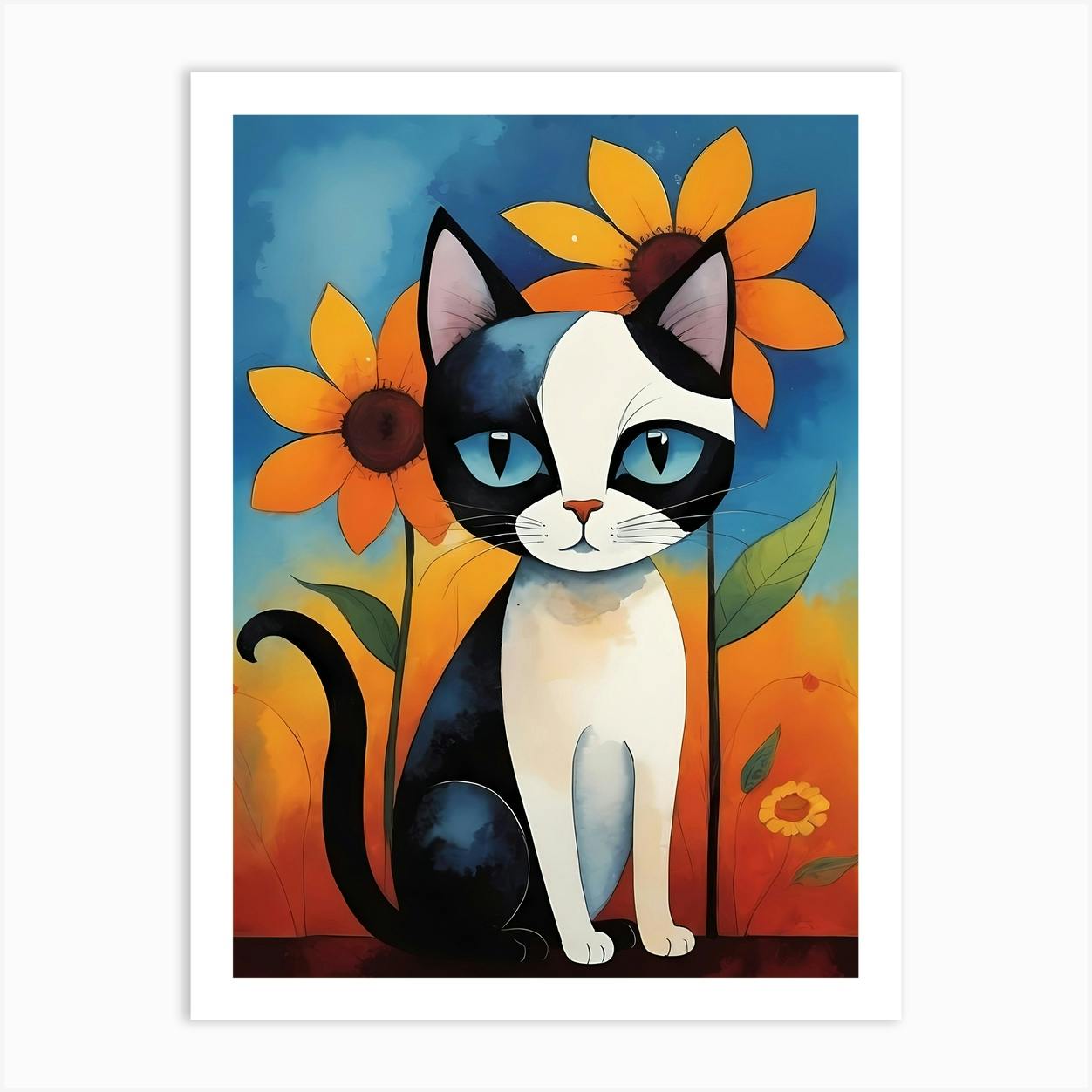 Cute Floral Cat Painting 9 Art Print