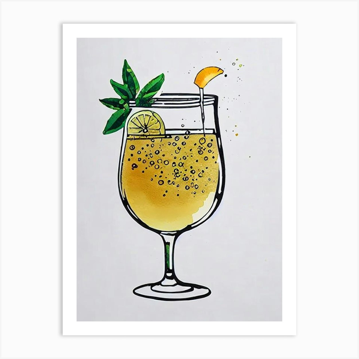 Champagne Minimal Line Drawing With Watercolour Cocktail Poster Art ...