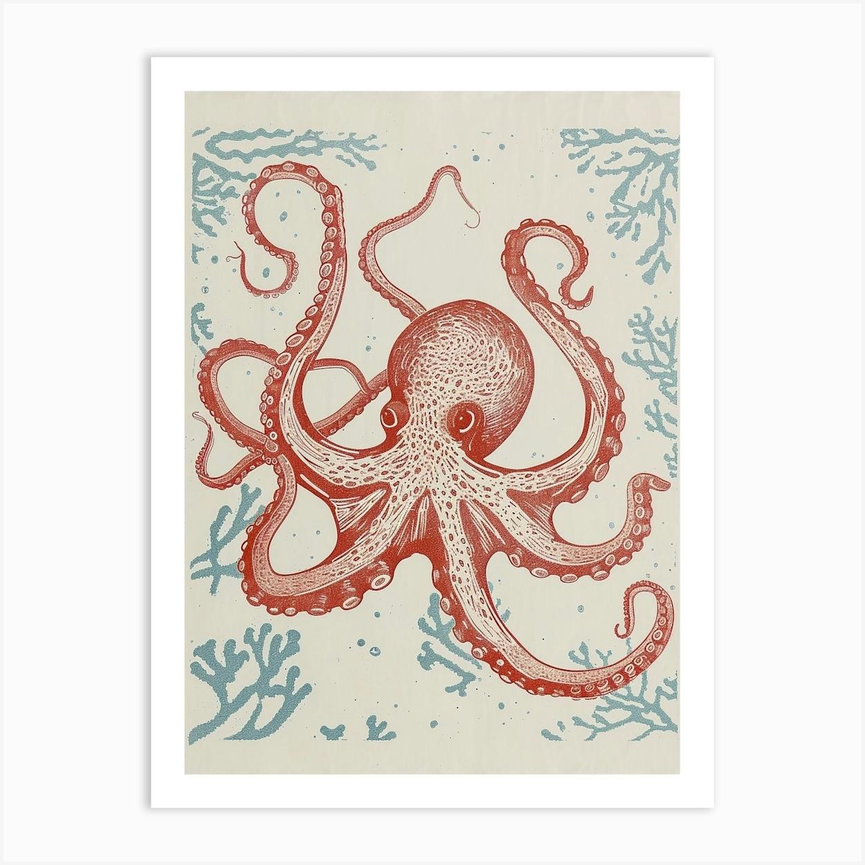 Octopus (variation with hotsell teal) - original linocut