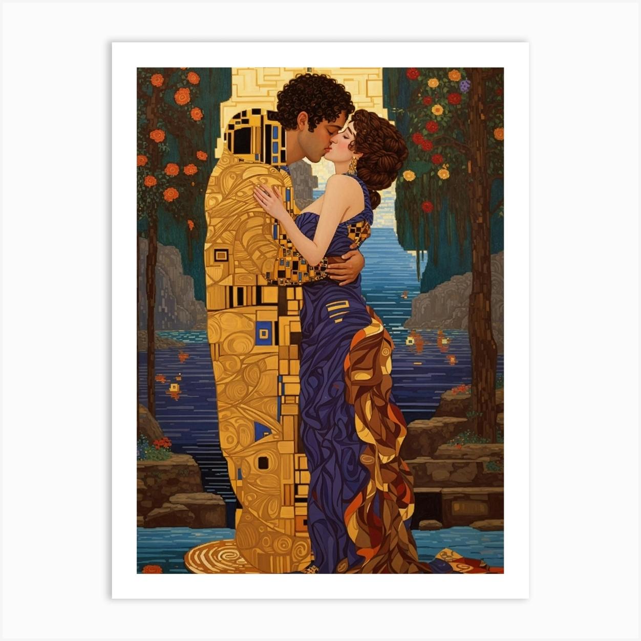 A pixel art version of Gustav Klimt's The Kiss Art Print by