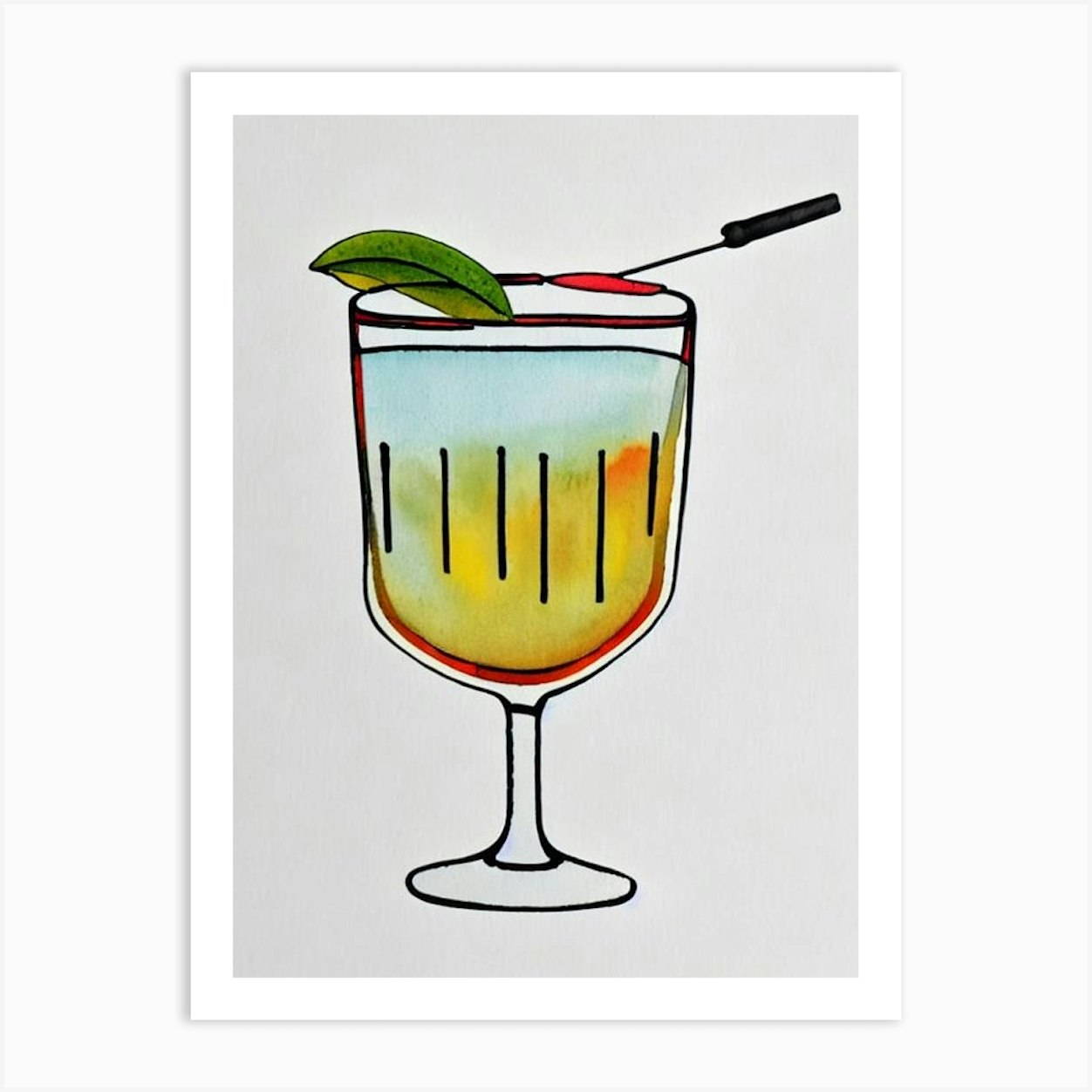 Corpse Reviver #1 Minimal Line Drawing With Watercolour Art Print by ...