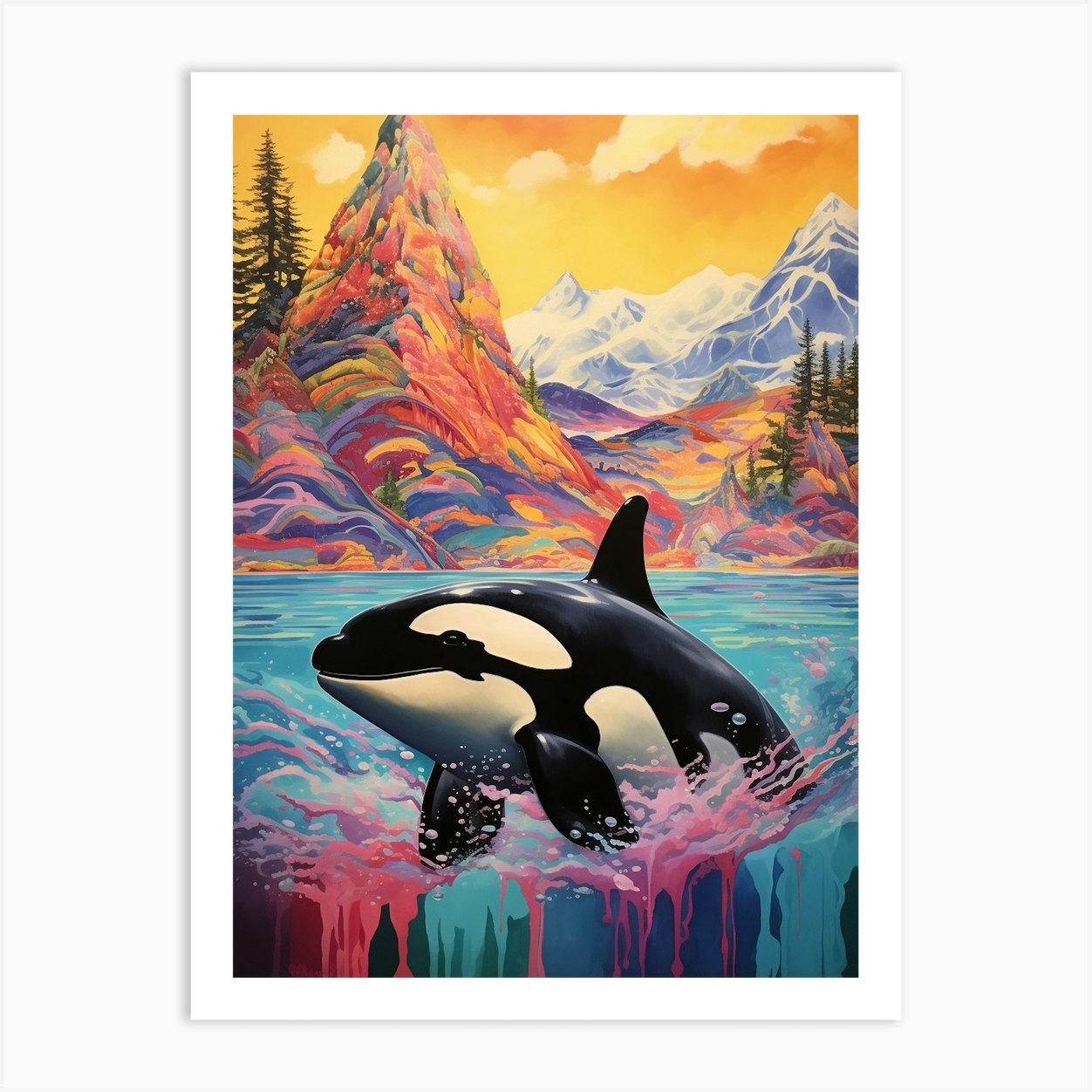 Vivid Surreal Rainbow Orca Whale With Mountain 1 Art Print by Energy of ...