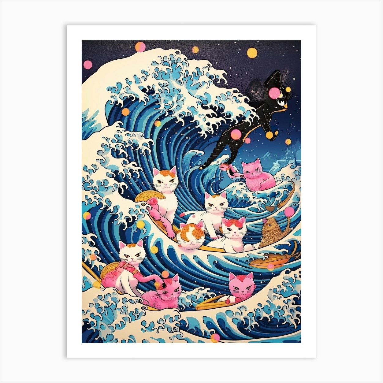 The Great Wave Off Kanagawa Pink Cats Kitsch Art Print by Mambo - Fy