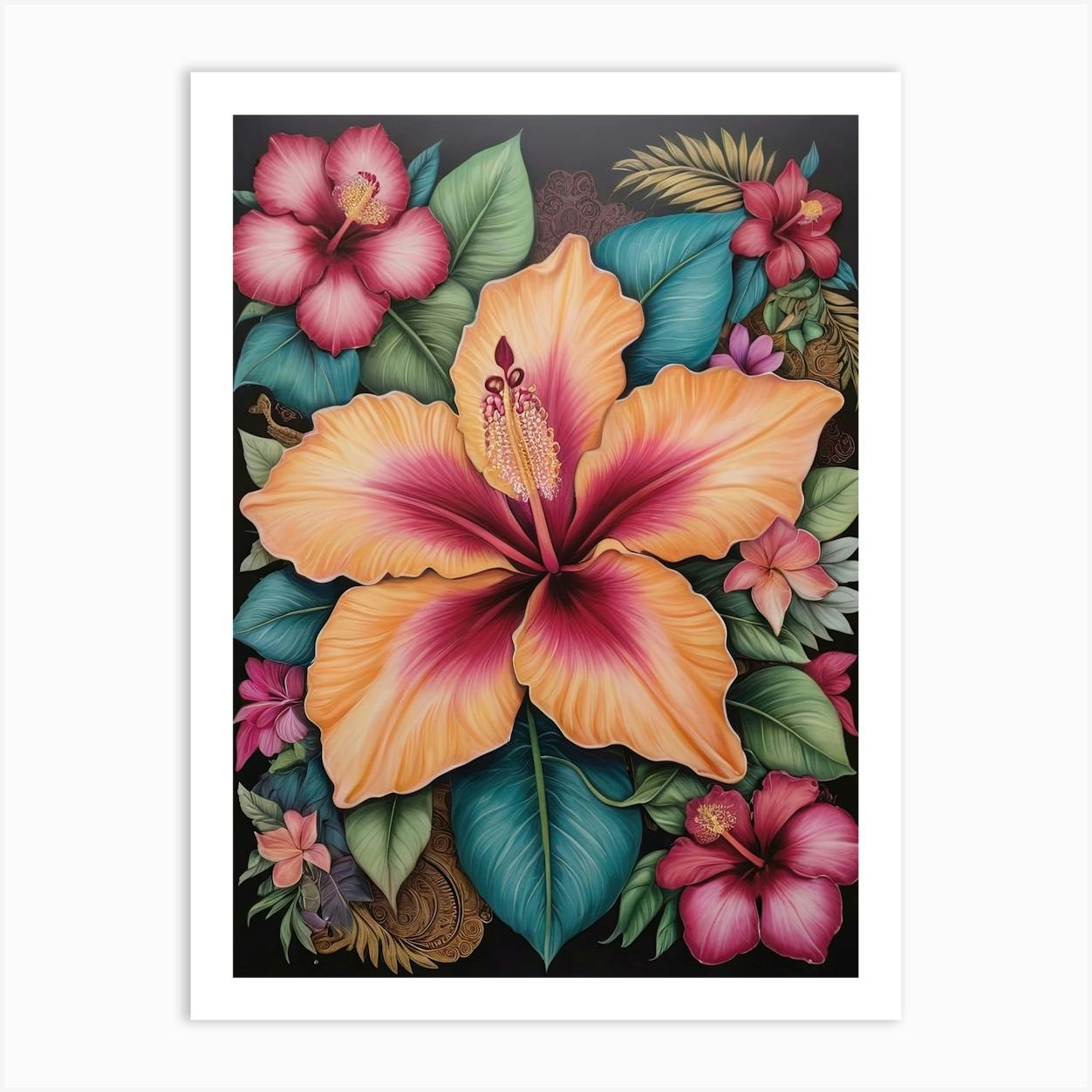 Art Unframed Stunning Hibiscus flowers in a bowl acrylic painting bright and colorful store