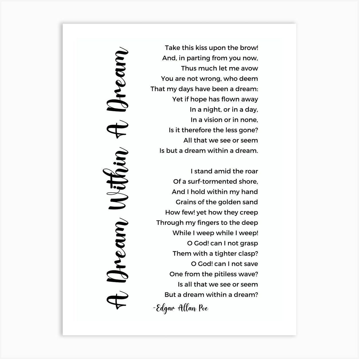 A Dream Within A Dream Poem By Edgar Allan Poe Art Print by Shark Printables Fy