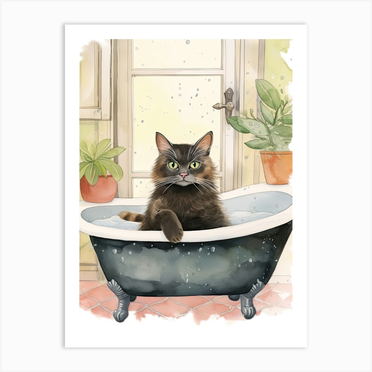 Black Cat In Bathtub Botanical Bathroom 6 Art Print By Meowsterpieces - Fy