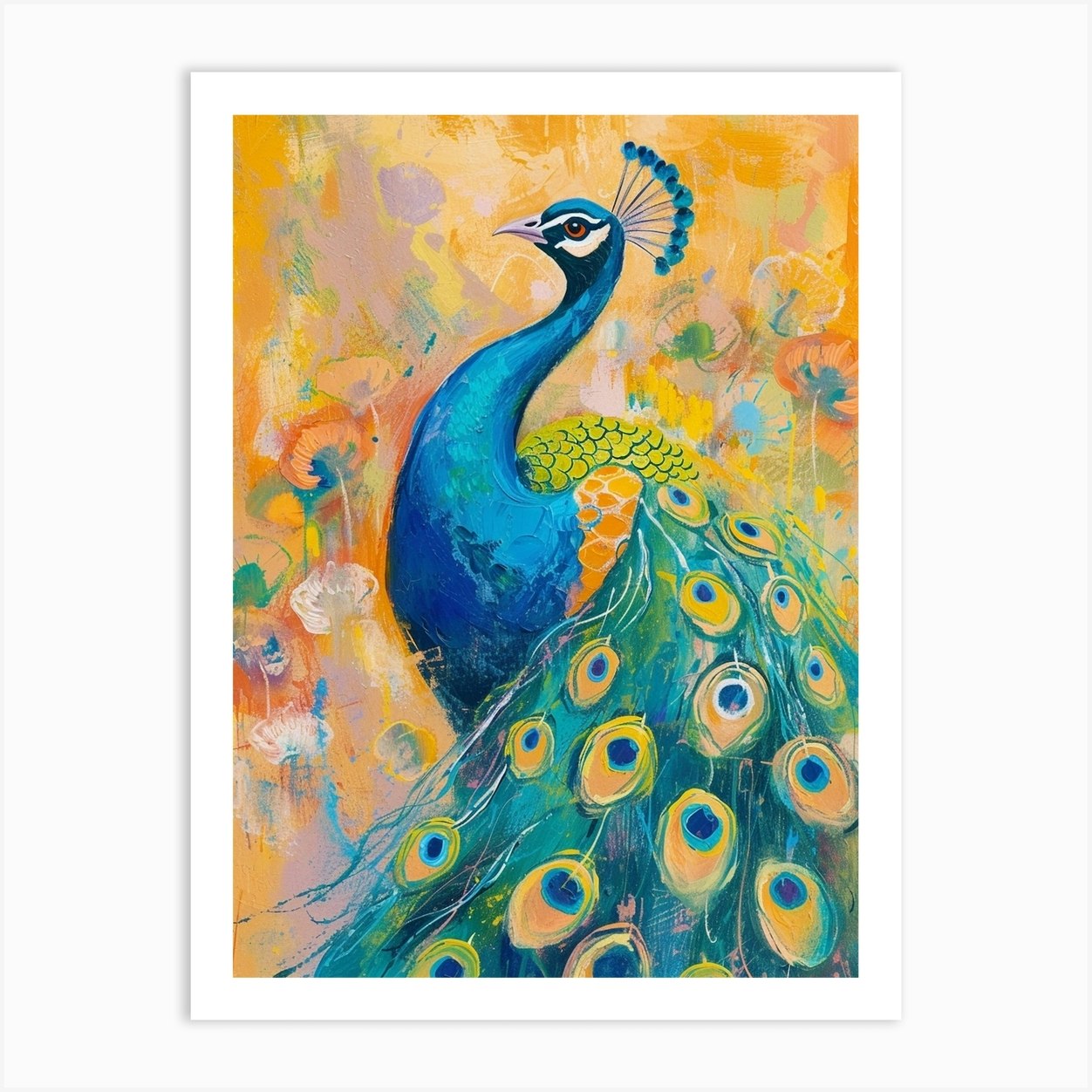 Peacock Mustard Brushstroke Art Print by Featherline - Fy