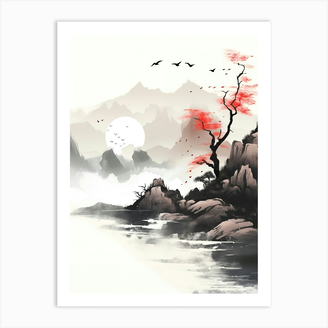 Japanese Landscape Sumi-e Art Print by Afterlifeclub - Fy