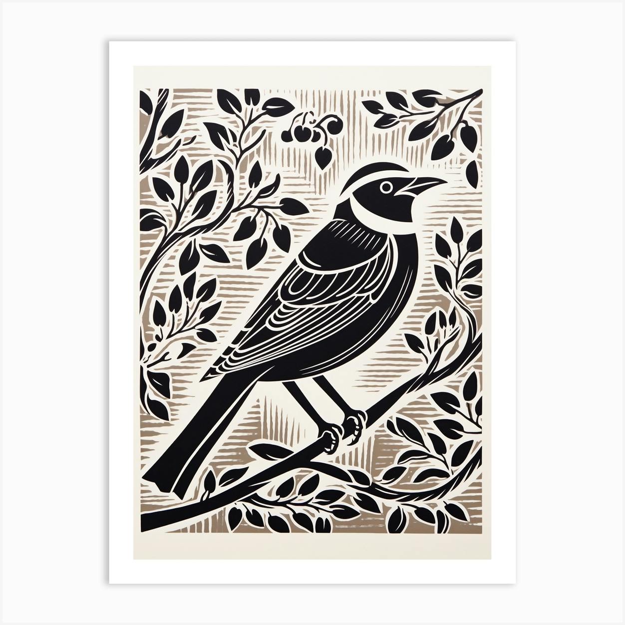 B&W Bird Linocut Cedar Waxwing 4 Art Print