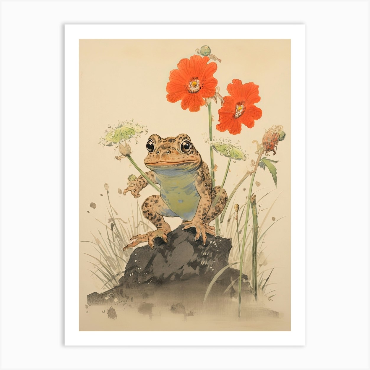 Frog And Flowers, Matsumoto Hoji Inspired Japanese Woodblock 2 Art ...