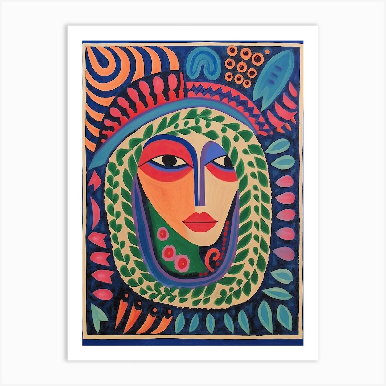 Folk Face Illustration 7 Art Print by Mambo - Fy