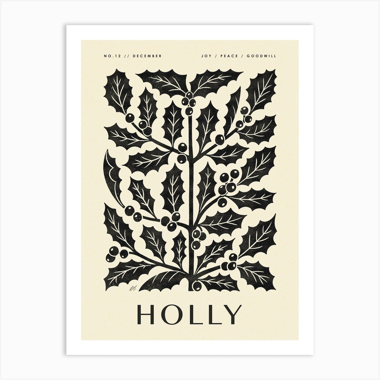 Rustic December Birth Flower Holly Black Cream Art Print by Bird and Co ...