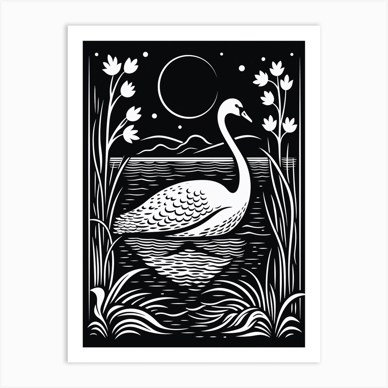 B&W Bird Linocut Swan 1 Art Print by Feathered Muse - Fy
