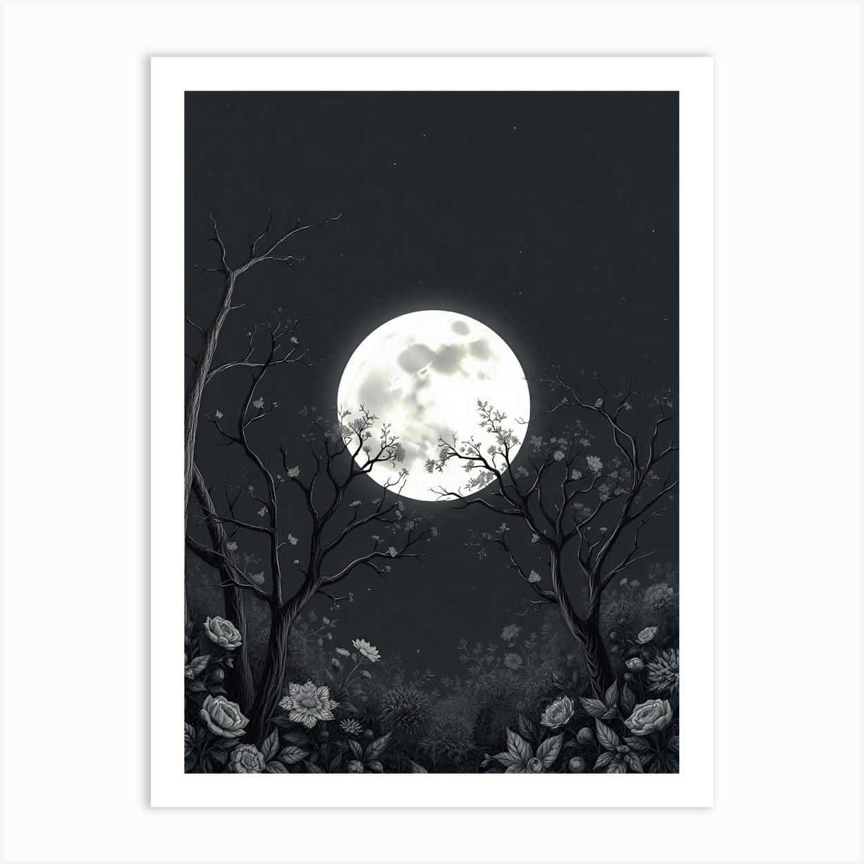 芸術写真 Nature Photograph Full Moon Art Print Creowell Canvas Print Wall Art Cherry Blossom Tree with