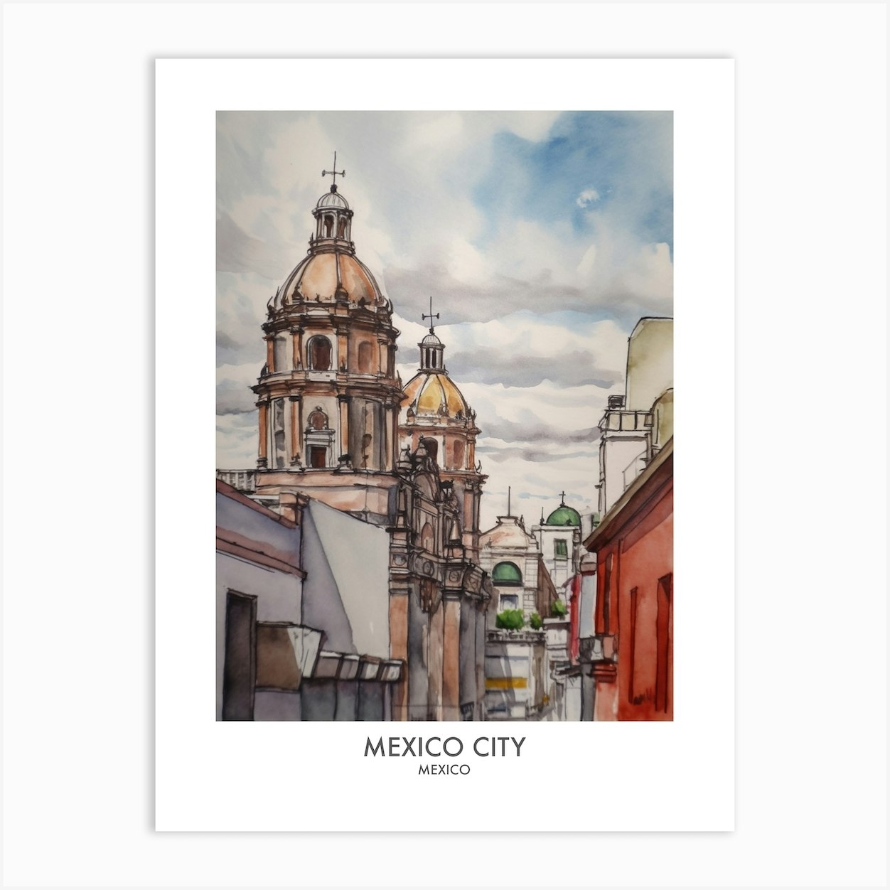 Mexico City 3 Watercolour Travel Poster Art Print by Fusion Designs Fy