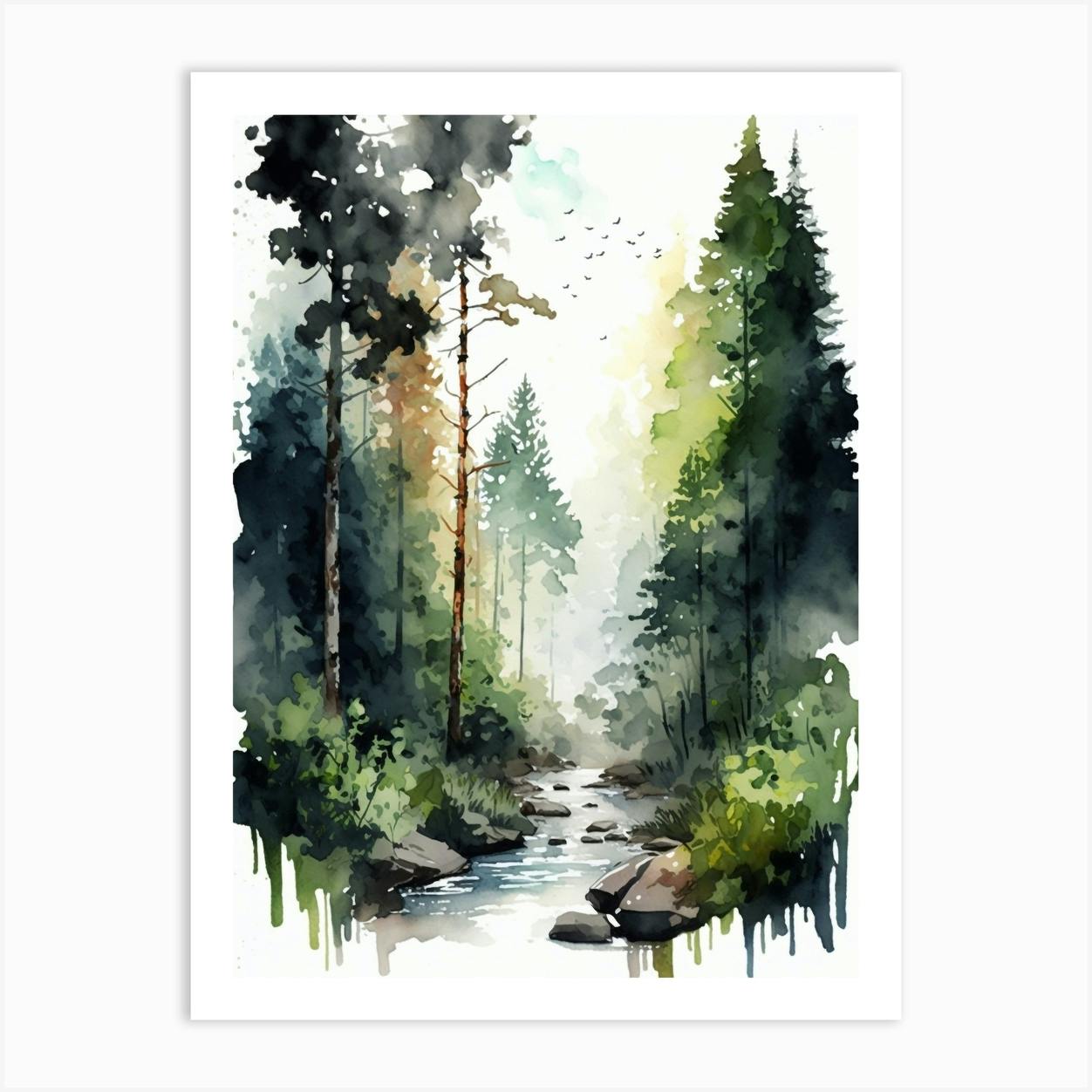 Aquarelle,Watercolor,green store and blue forest,little cat