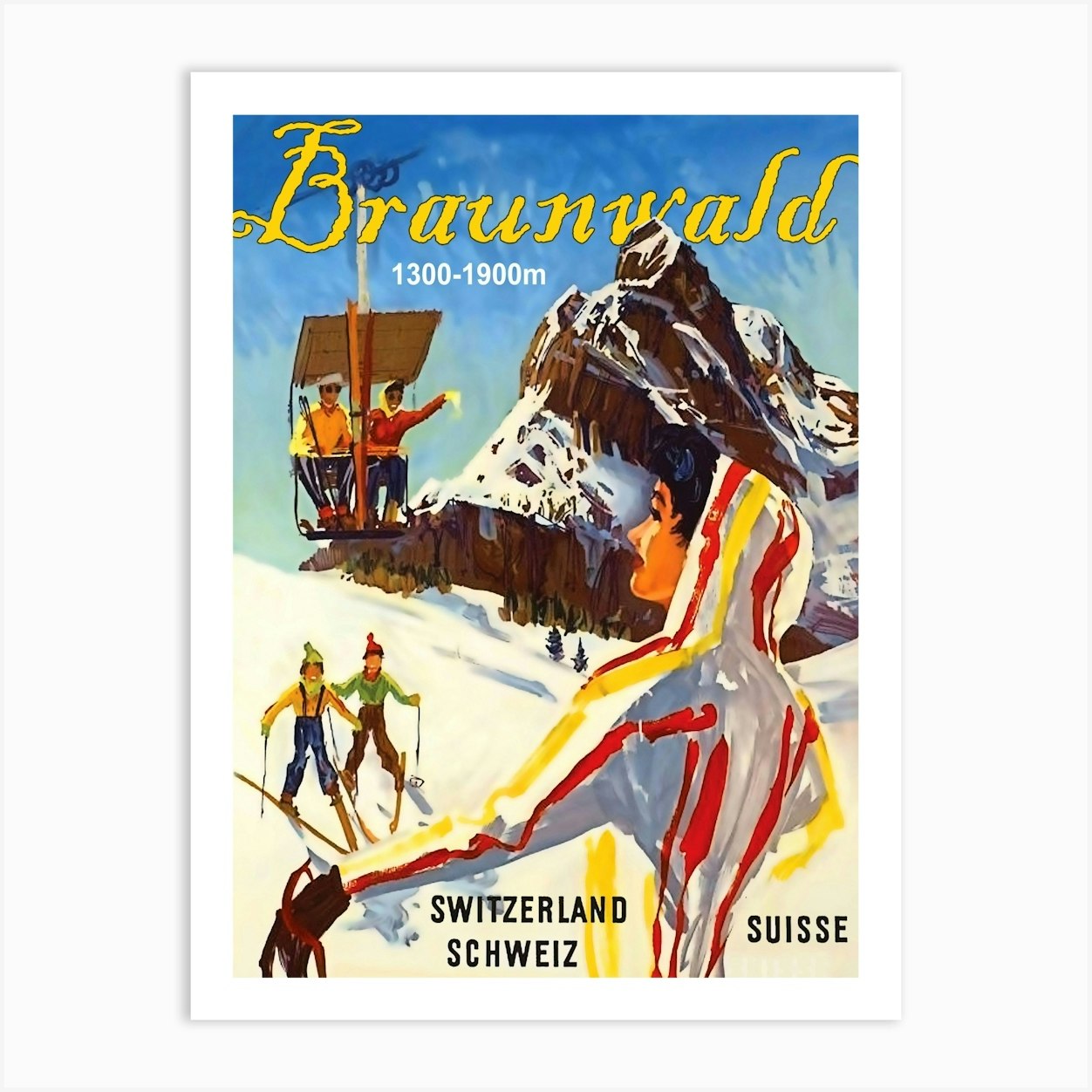 Skiing In Braunwald, Switzerland Art Print by Vintage Spirit - Fy