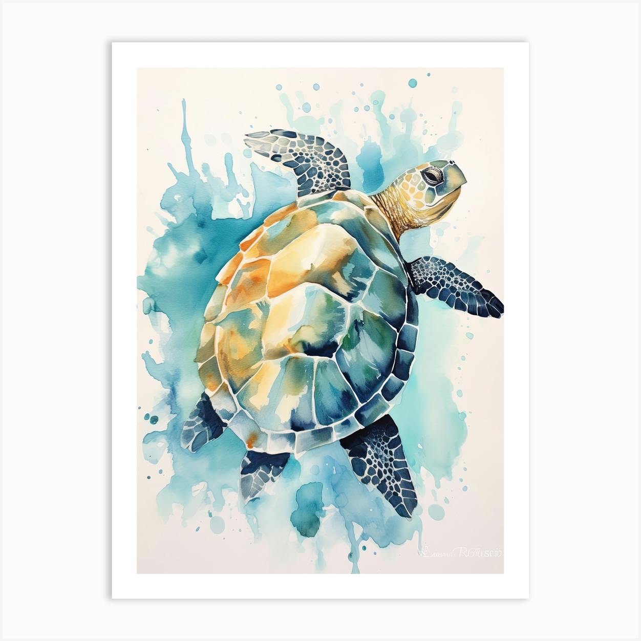 Sea Turtle Watercolour Painting Art Print by Marine Masterpieces Fy