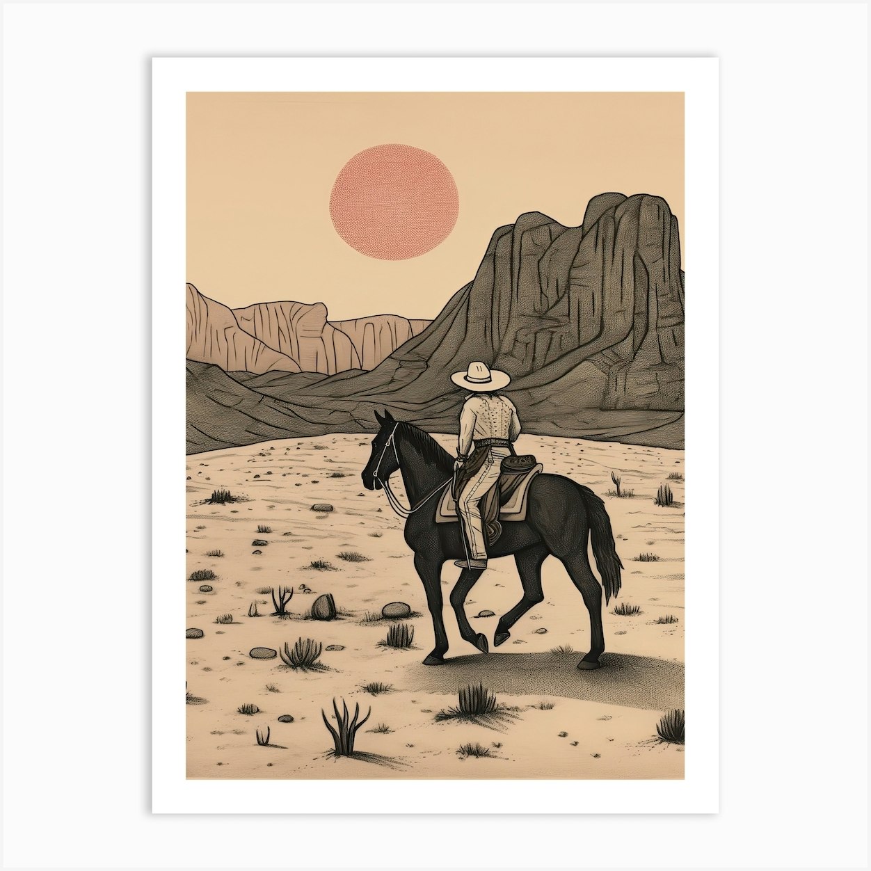 Cowboy Riding A Horse In The Desert 2 Art Print by Retro West - Fy