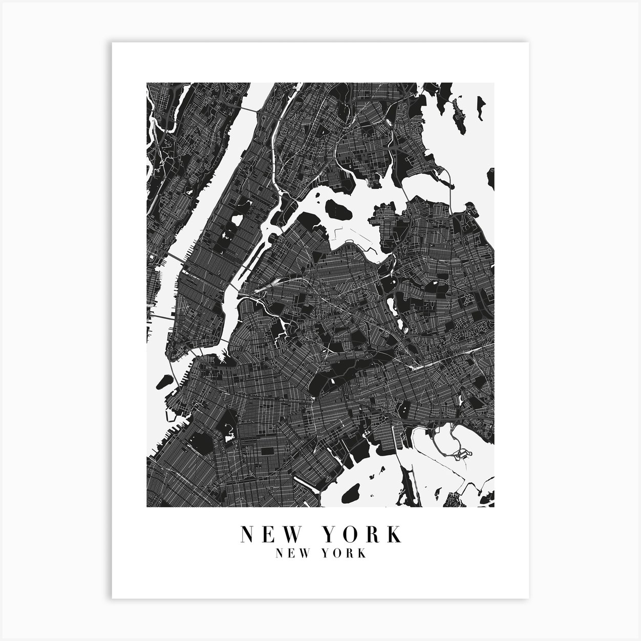 New York New York Minimal Black Mono Street Map Art Print by Typologie ...