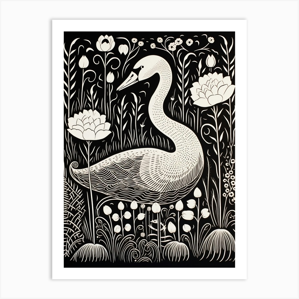 B&W Bird Linocut Swan 3 Art Print by Feathered Muse - Fy