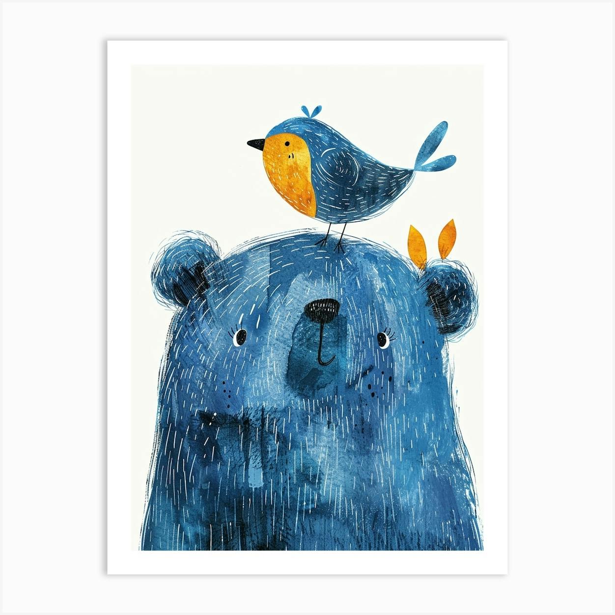 Small Joyful Bear With A Bird On Its Head 16 Art Print by