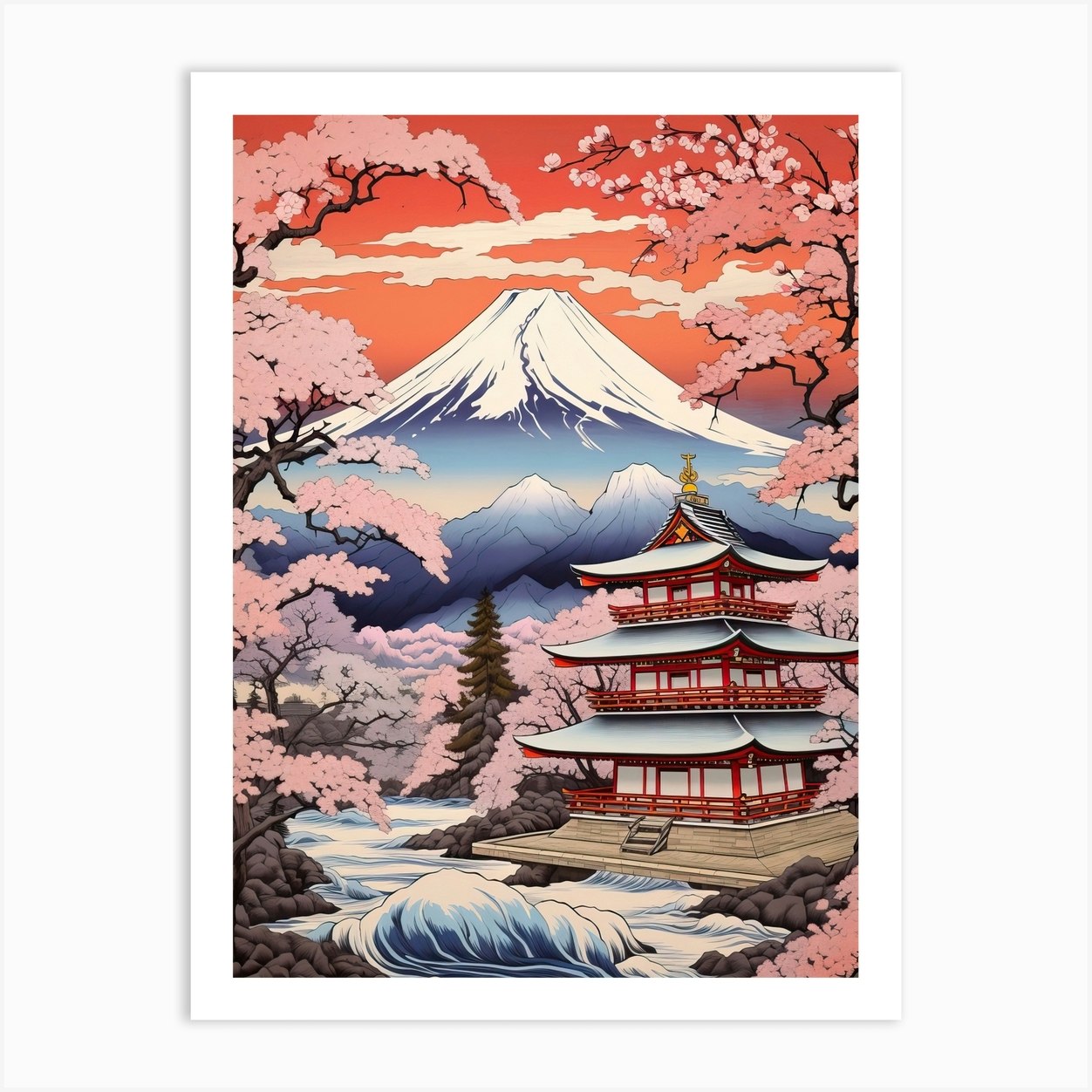 Chureito Pagoda In Yamanashi, Ukiyo E Drawing 4 Art Print by Ukiyo-e ...