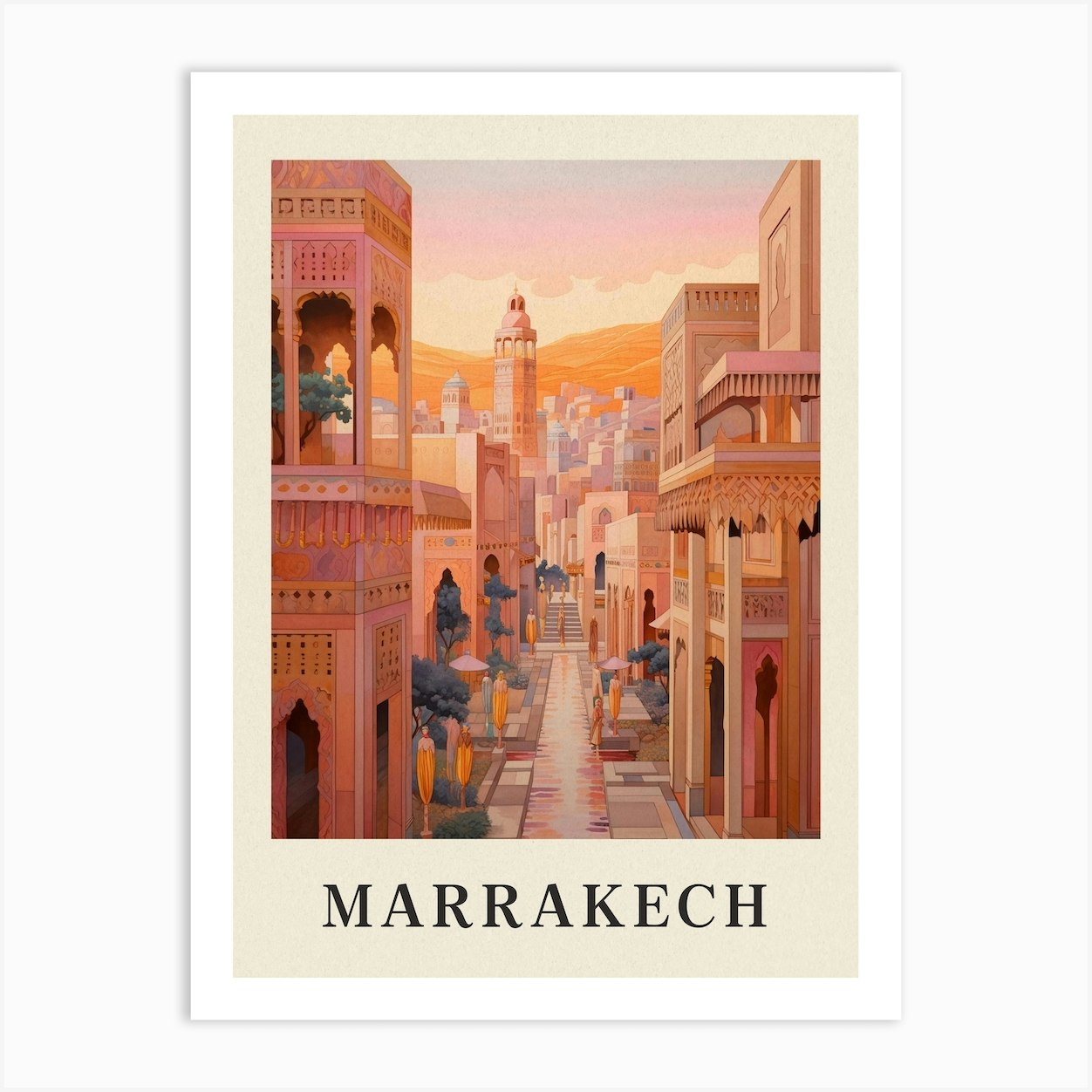 Marrakech Morocco 7 Vintage Pink Travel Illustration Poster Art Print By Medart Fy 3396