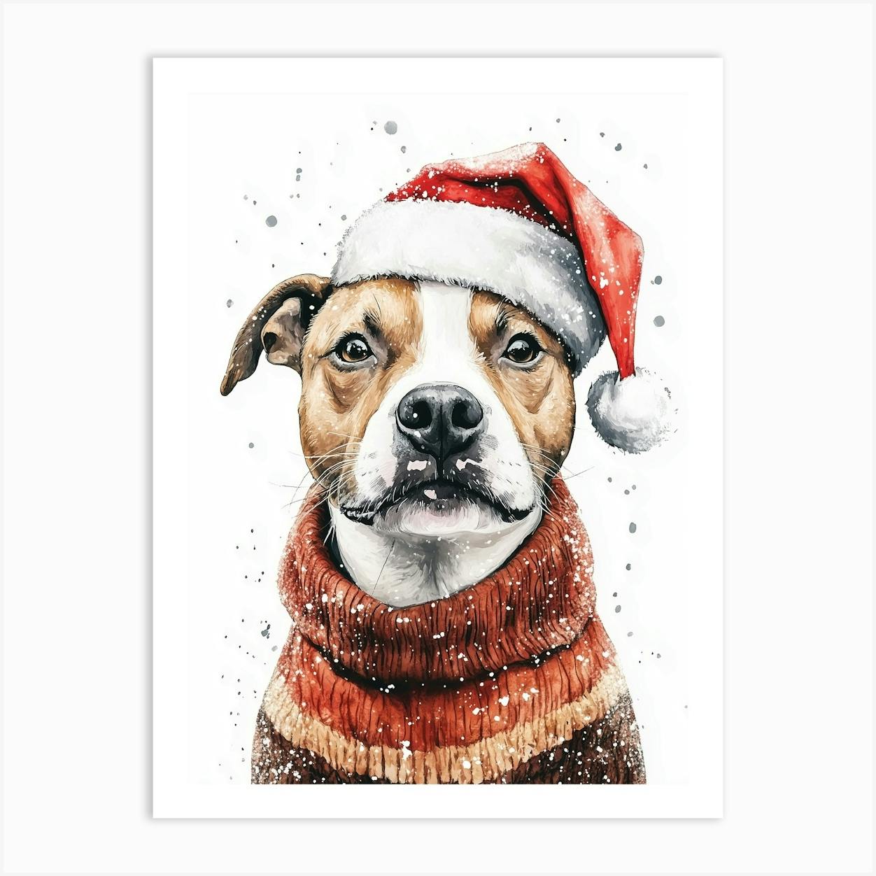 Staffordshire Bull Terrier Staffy In Christmas Jumper And Santa Hat Neutral Art Print by NordicDesignHouse Fy
