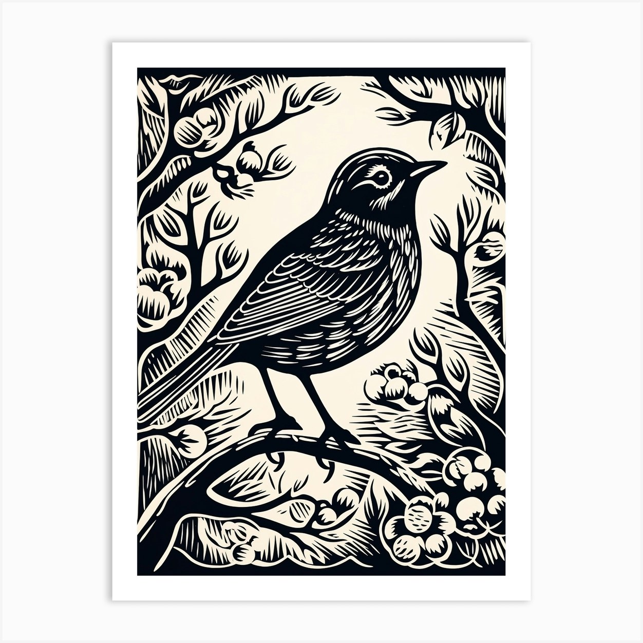 B&W Bird Linocut Robin 1 Art Print by Feathered Muse Fy