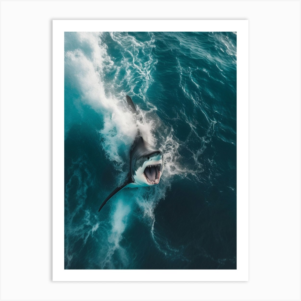 An Aerial View Of A Shark Swimming In A Large Wave 2 Art Print by ...