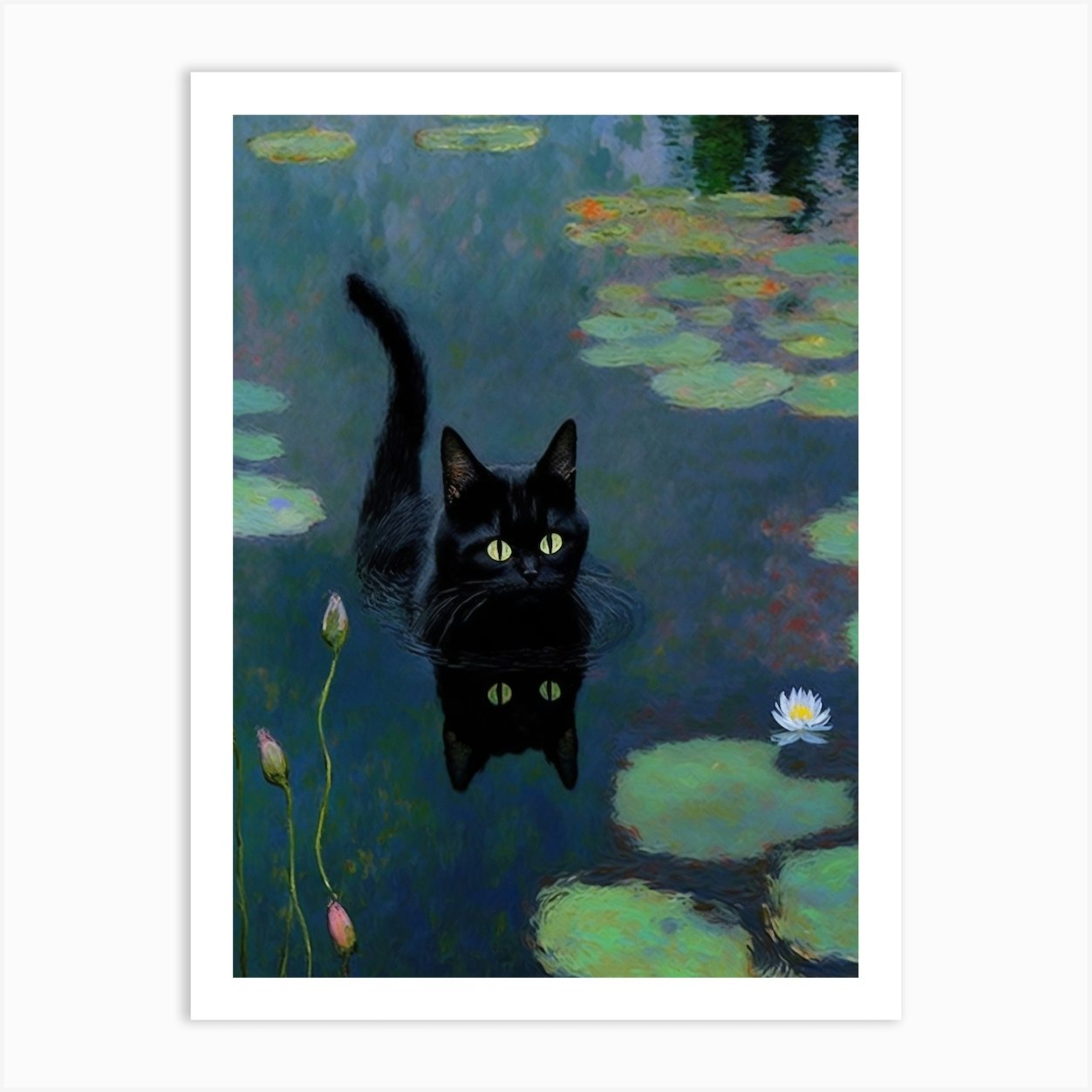 Monet Style Water Lilies With Black Cat Art Print by Mambo - Fy