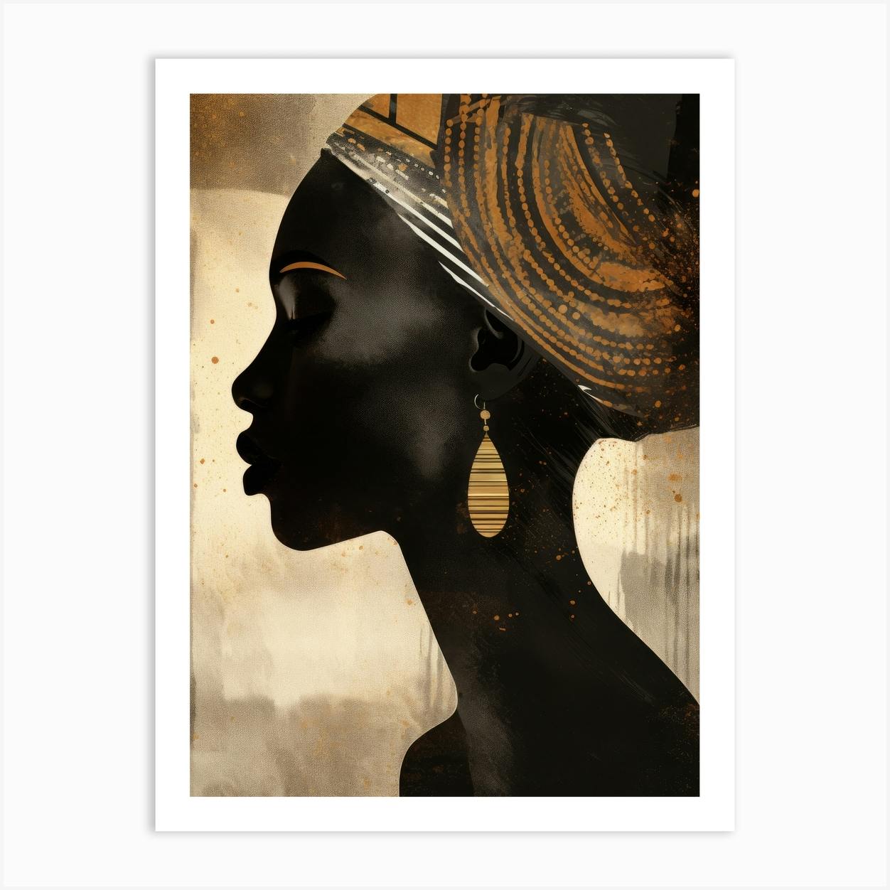 African Black authentic woman art, Black Female figurative art, Silhouette portrait, Gold art, Black art, Watercolor,