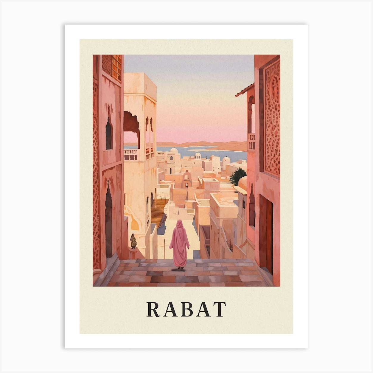 Rabat Morocco 2 Vintage Pink Travel Illustration Poster Art Print By Medart Fy 9203