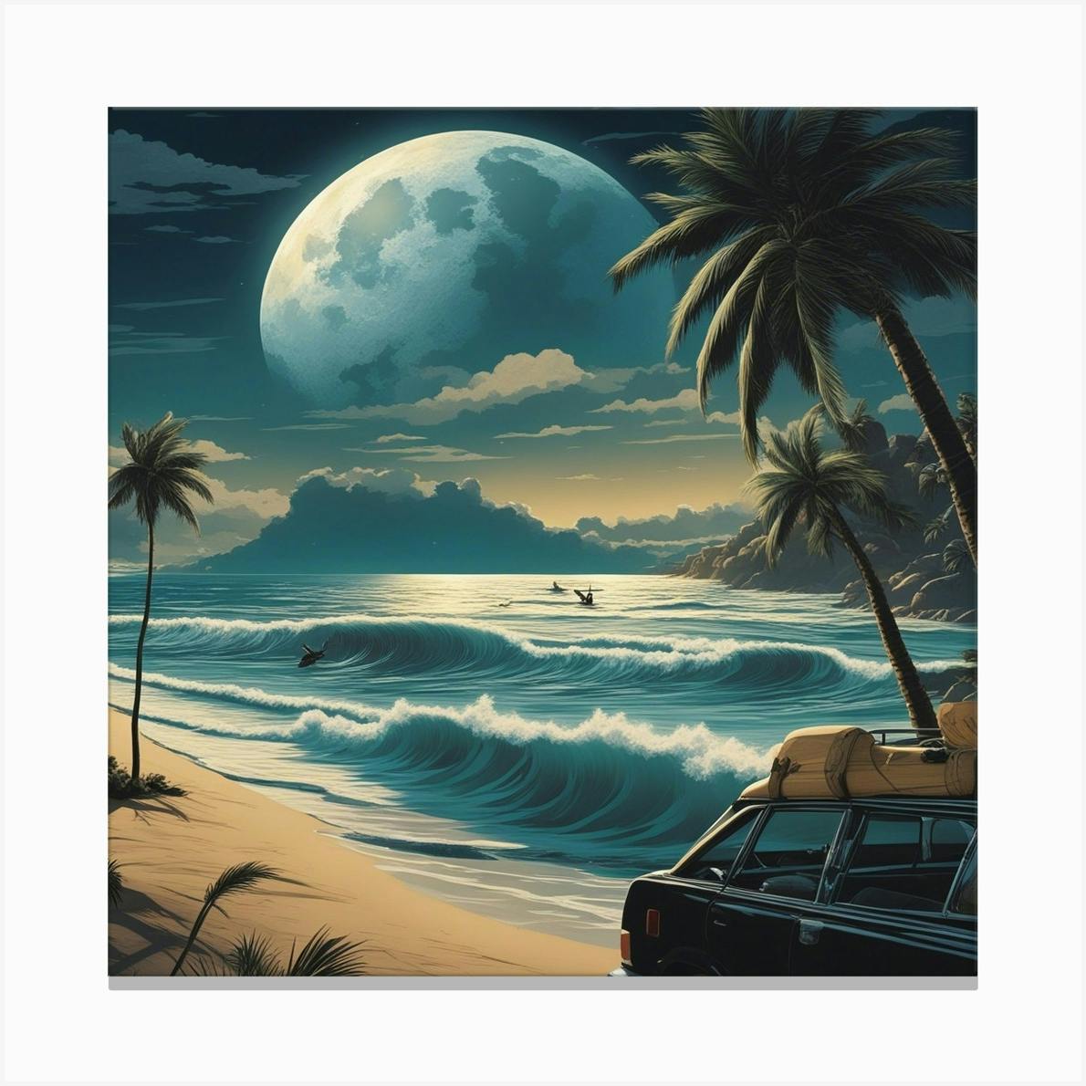 Full Moon, Sandy Parking Lot, Surfboards, Palm Trees, Beach