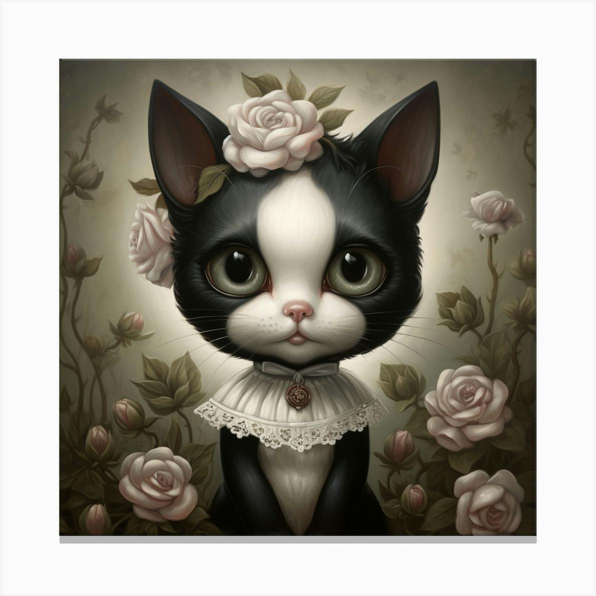 Cosmic White Cat Roses Painting Print, Fantasy Cat #6, Wall Art Print, Canvas cheapest Gallery Wraps